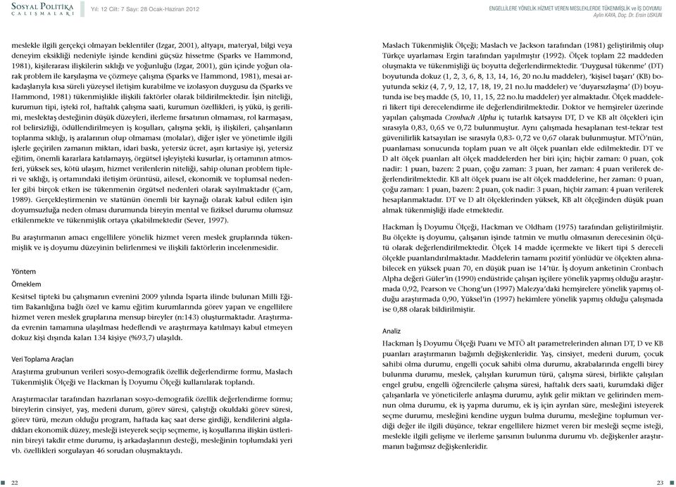 kişilerarası ilişkilerin sıklığı ve yoğunluğu (Izgar, 2001), gün içinde yoğun olarak problem ile karşılaşma ve çözmeye çalışma (Sparks ve Hammond, 1981), mesai arkadaşlarıyla kısa süreli yüzeysel