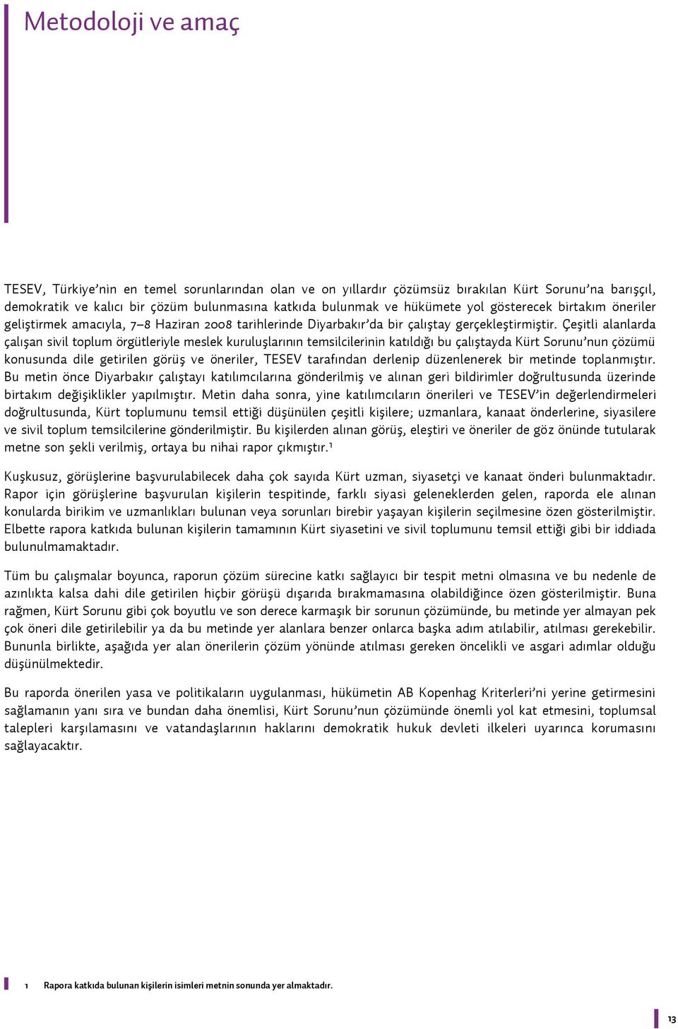 Çeşitli alanlarda çalışan sivil toplum örgütleriyle meslek kuruluşlarının temsilcilerinin katıldığı bu çalıştayda Kürt Sorunu nun çözümü konusunda dile getirilen görüş ve öneriler, TESEV tarafından