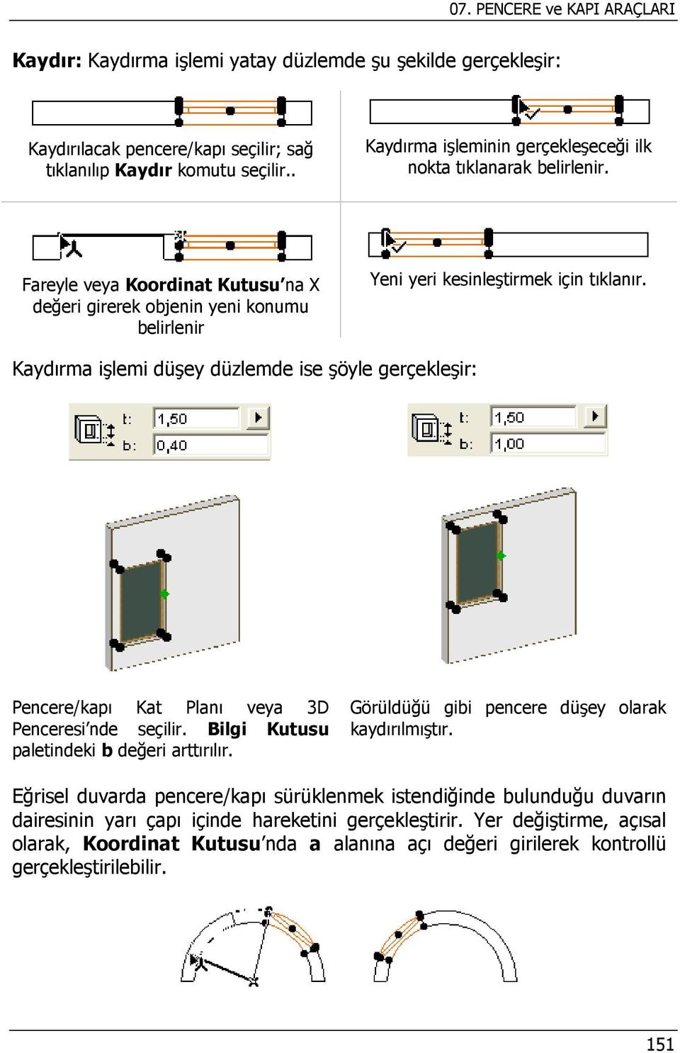 Kaydırma işlemi düşey düzlemde ise şöyle gerçekleşir: Pencere/kapı Kat Planı veya 3D Penceresi nde seçilir. Bilgi Kutusu paletindeki b değeri arttırılır.