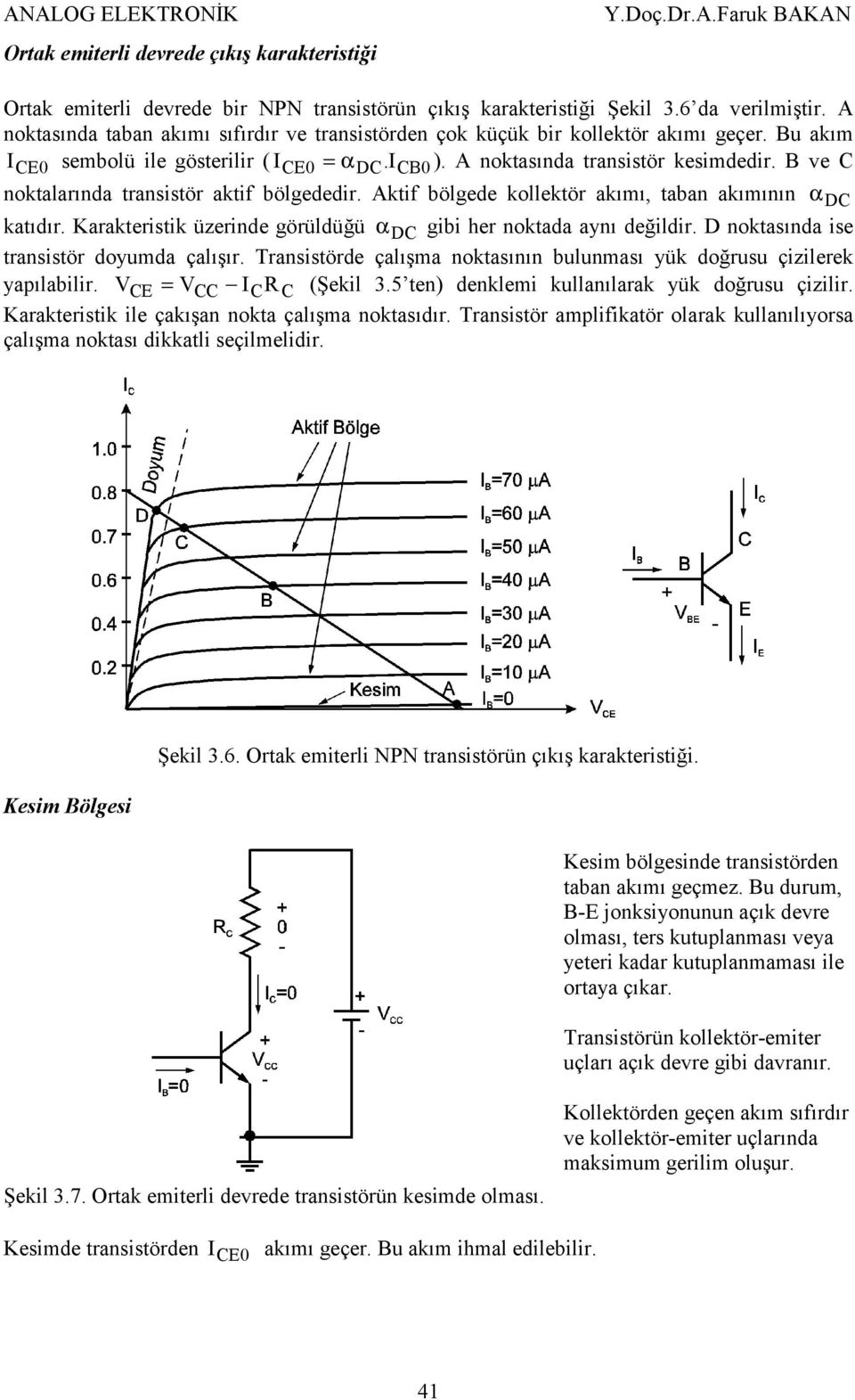 ve noktalarında transistör aktif bölgededir. Aktif bölgede kollektör akımı, taban akımının αd katıdır. Karakteristik üzerinde görüldüğü α D gibi her noktada aynı değildir.