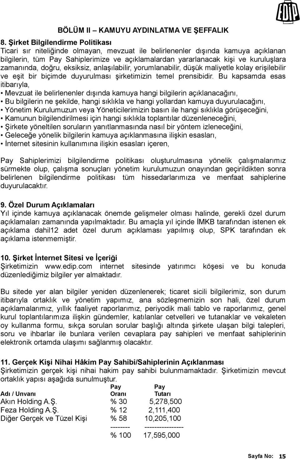 zamanında, doğru, eksiksiz, anlaşılabilir, yorumlanabilir, düşük maliyetle kolay erişilebilir ve eşit bir biçimde duyurulması şirketimizin temel prensibidir.