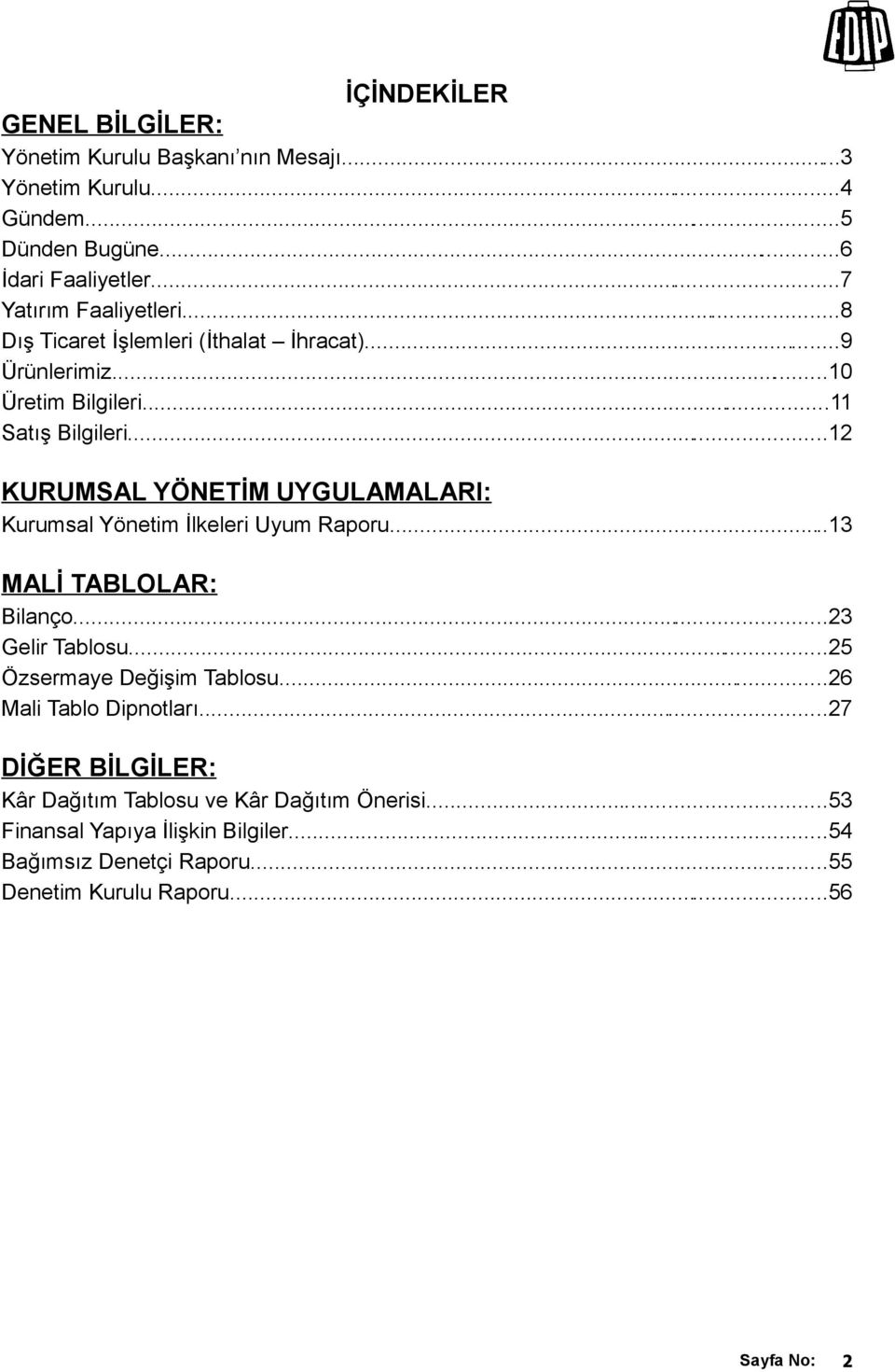 ..12 KURUMSAL YÖNETİM UYGULAMALARI: Kurumsal Yönetim İlkeleri Uyum Raporu...13 MALİ TABLOLAR: Bilanço...23 Gelir Tablosu...25 Özsermaye Değişim Tablosu.