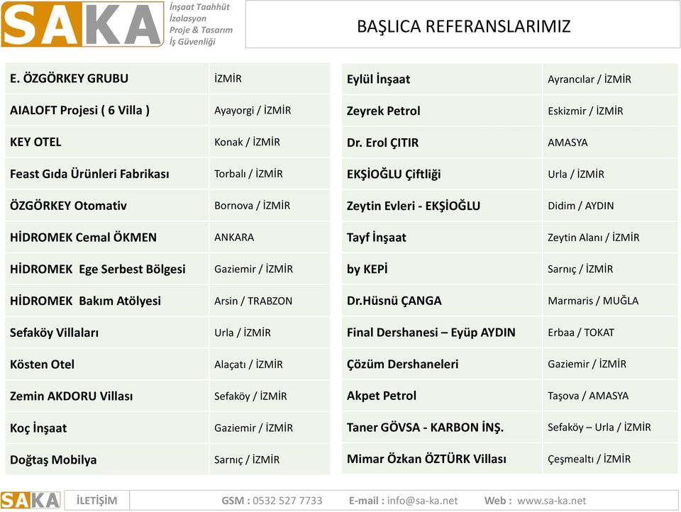 Tayf İnşaat Zeytin Alanı / İZMİR HİDROMEK Ege Serbest Bölgesi Gaziemir / İZMİR by KEPİ Sarnıç / İZMİR HİDROMEK Bakım Atölyesi Arsin / TRABZON Dr.