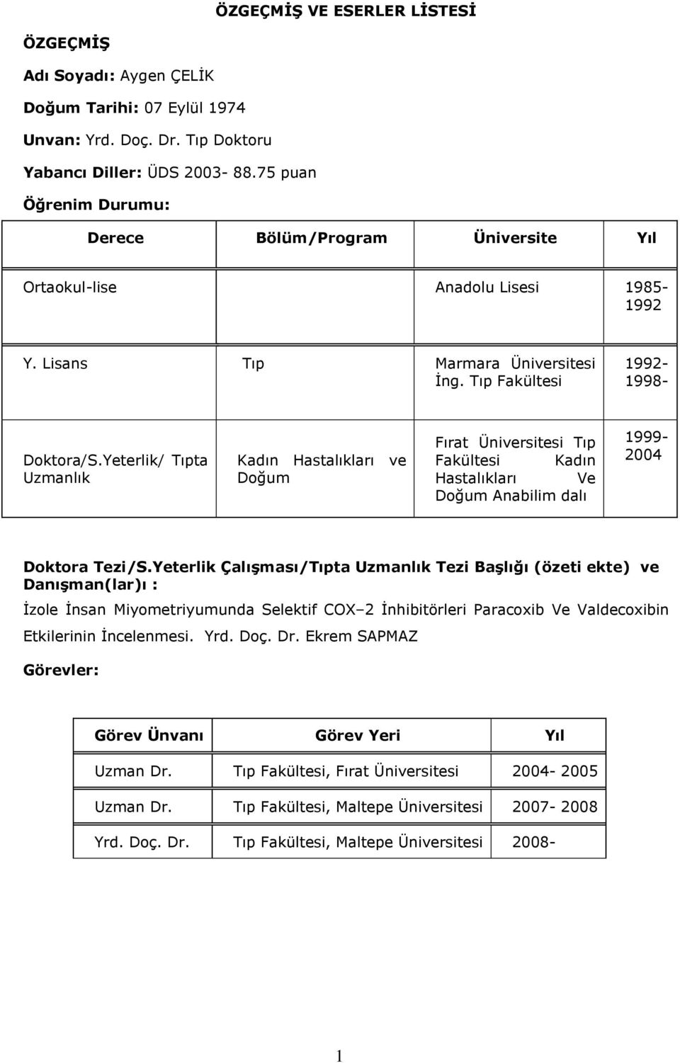 Yeterlik/ Tıpta Uzmanlık Kadın Hastalıkları ve Doğum Fırat Üniversitesi Tıp Fakültesi Kadın Hastalıkları Ve Doğum Anabilim dalı 1999-2004 Doktora Tezi/S.