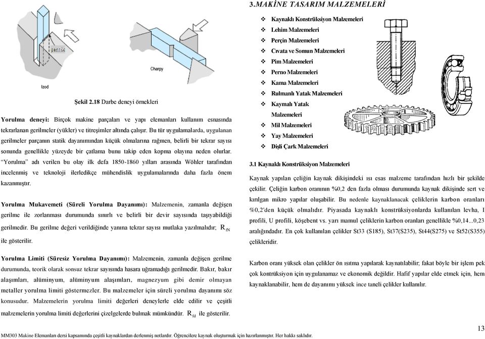 Bu tür uygulamalarda, uygulanan gerilmeler parçanın statik dayanımından küçük olmalarına rağmen, belirli bir tekrar sayısı sonunda genellikle yüzeyde bir çatlama bunu takip eden kopma olayına neden