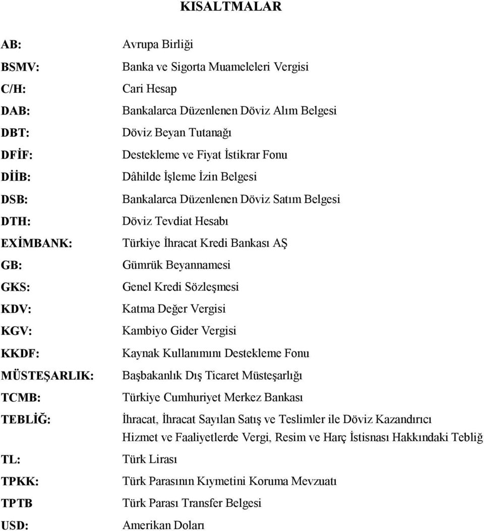 Belgesi Döviz Tevdiat Hesabı Türkiye İhracat Kredi Bankası AŞ Gümrük Beyannamesi Genel Kredi Sözleşmesi Katma Değer Vergisi Kambiyo Gider Vergisi Kaynak Kullanımını Destekleme Fonu Başbakanlık Dış