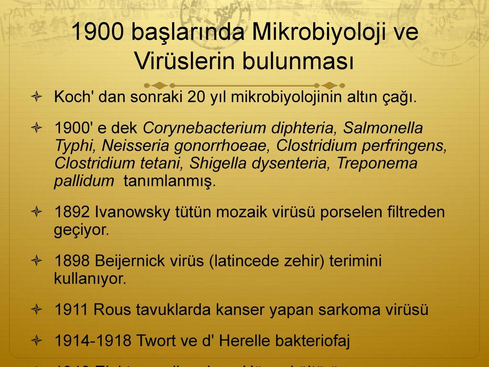 Shigella dysenteria, Treponema pallidum tanımlanmış. 1892 Ivanowsky tütün mozaik virüsü porselen filtreden geçiyor.