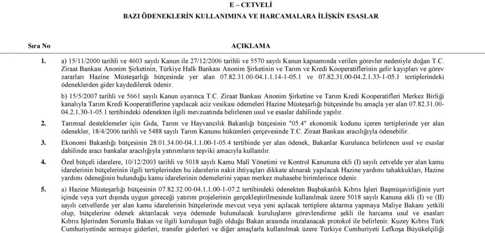 Ziraat Bankası Anonim Şirketinin, Türkiye Halk Bankası Anonim Şirketinin ve Tarım ve Kredi Kooperatiflerinin gelir kayıpları ve görev zararları Hazine Müsteşarlığı bütçesinde yer alan 07.82.31.00-04.