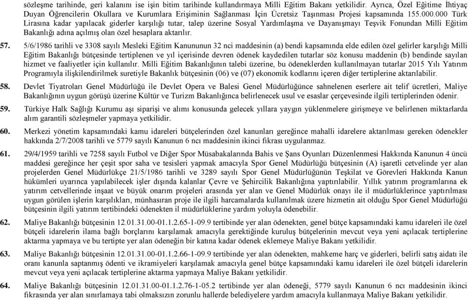 000 Türk Lirasına kadar yapılacak giderler karşılığı tutar, talep üzerine Sosyal Yardımlaşma ve Dayanışmayı Teşvik Fonundan Milli Eğitim Bakanlığı adına açılmış olan özel hesaplara aktarılır. 57.