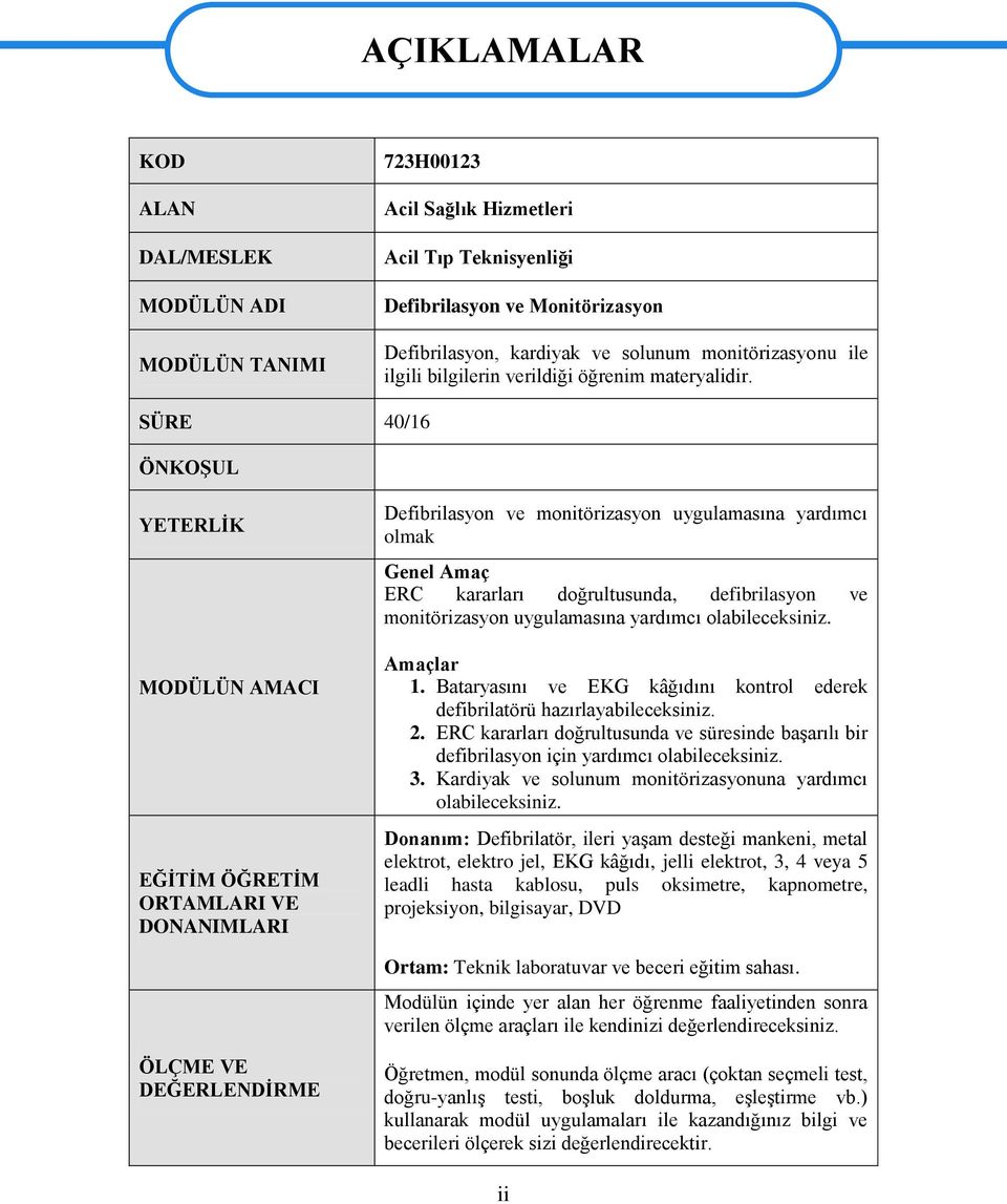 SÜRE 40/16 ÖNKOŞUL YETERLİK MODÜLÜN AMACI EĞİTİM ÖĞRETİM ORTAMLARI VE DONANIMLARI Defibrilasyon ve monitörizasyon uygulamasına yardımcı olmak Genel Amaç ERC kararları doğrultusunda, defibrilasyon ve