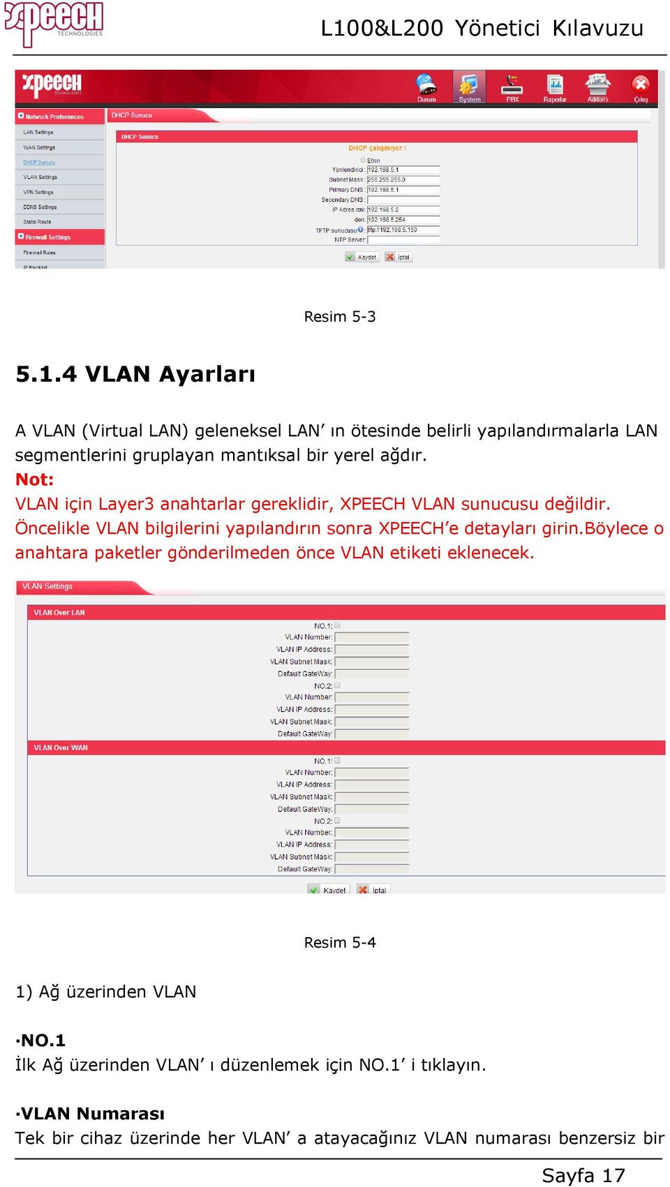 Not: VLAN için Layer3 anahtarlar gereklidir, XPEECH VLAN sunucusu değildir.