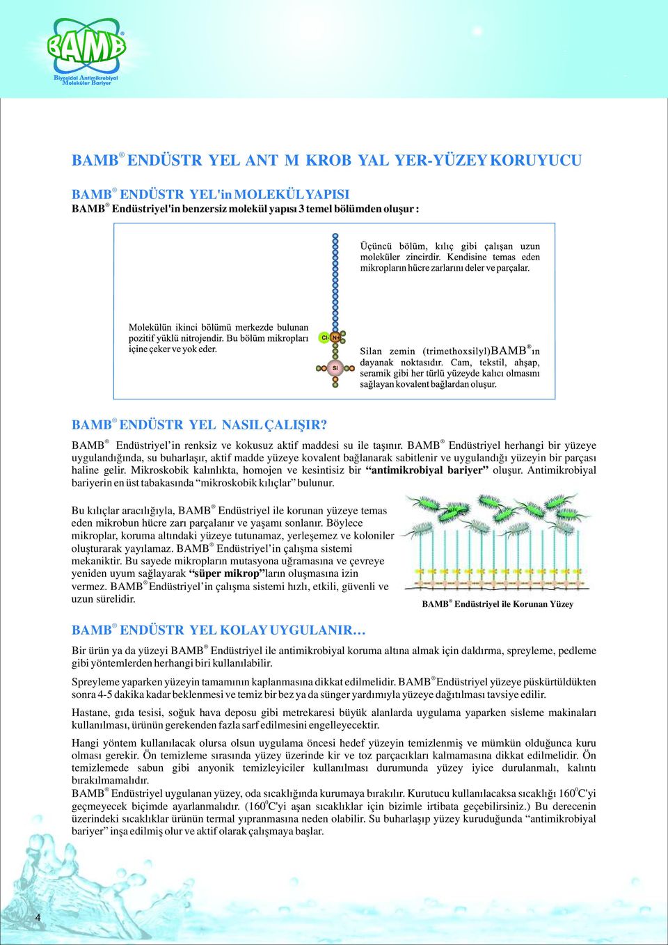 BAMB Endüstriyel herhangi bir yüzeye uygulandığında, su buharlaşır, aktif madde yüzeye kovalent bağlanarak sabitlenir ve uygulandığı yüzeyin bir parçası haline gelir.