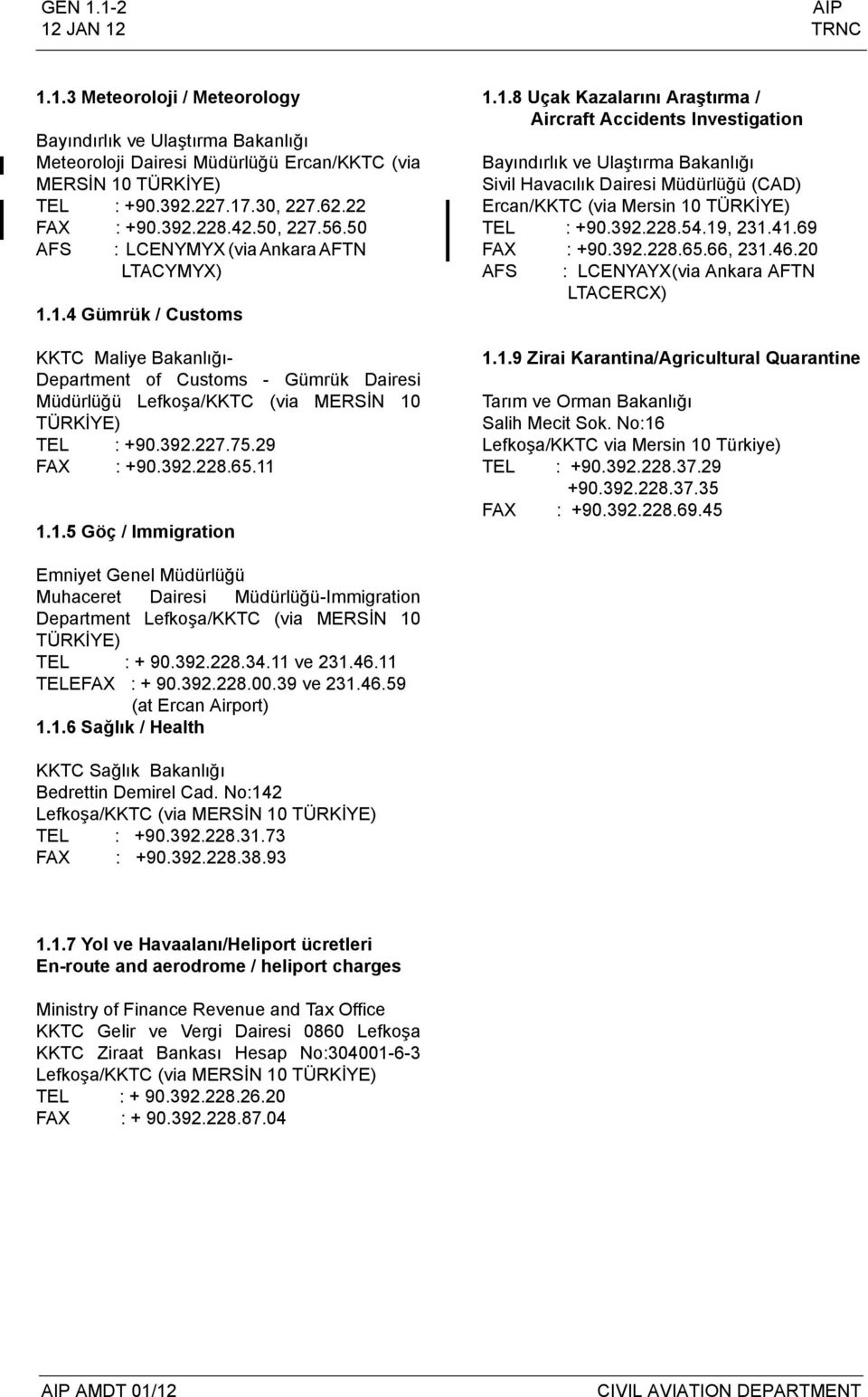 1.4 Gümrük / Customs KKTC Maliye Bakanlığı- Department of Customs - Gümrük Dairesi Müdürlüğü Lefkoşa/KKTC (via MERSİN 10 TÜRKİYE) TEL : +90.392.227.75.29 FAX : +90.392.228.65.11 1.1.5 Göç / Immigration 1.