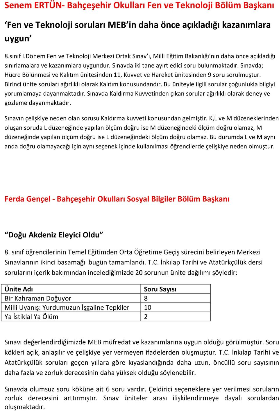 Sınavda; Hücre Bölünmesi ve Kalıtım ünitesinden 11, Kuvvet ve Hareket ünitesinden 9 soru sorulmuştur. Birinci ünite soruları ağırlıklı olarak Kalıtım konusundandır.