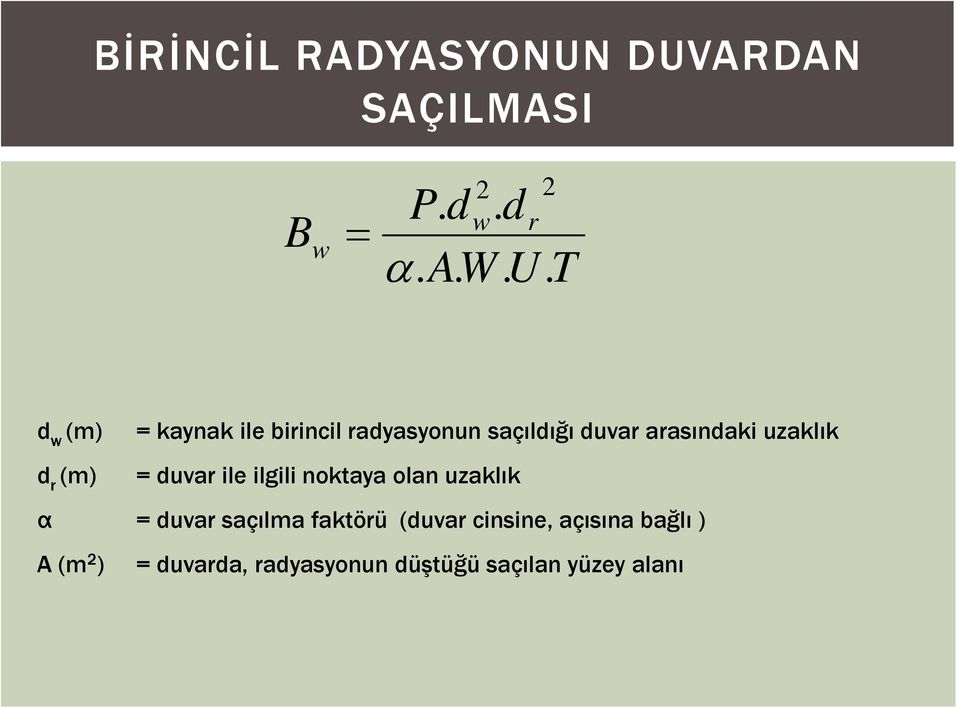 d r (m) = duvar ile ilgili noktaya olan uzaklık α = duvar saçılma faktörü