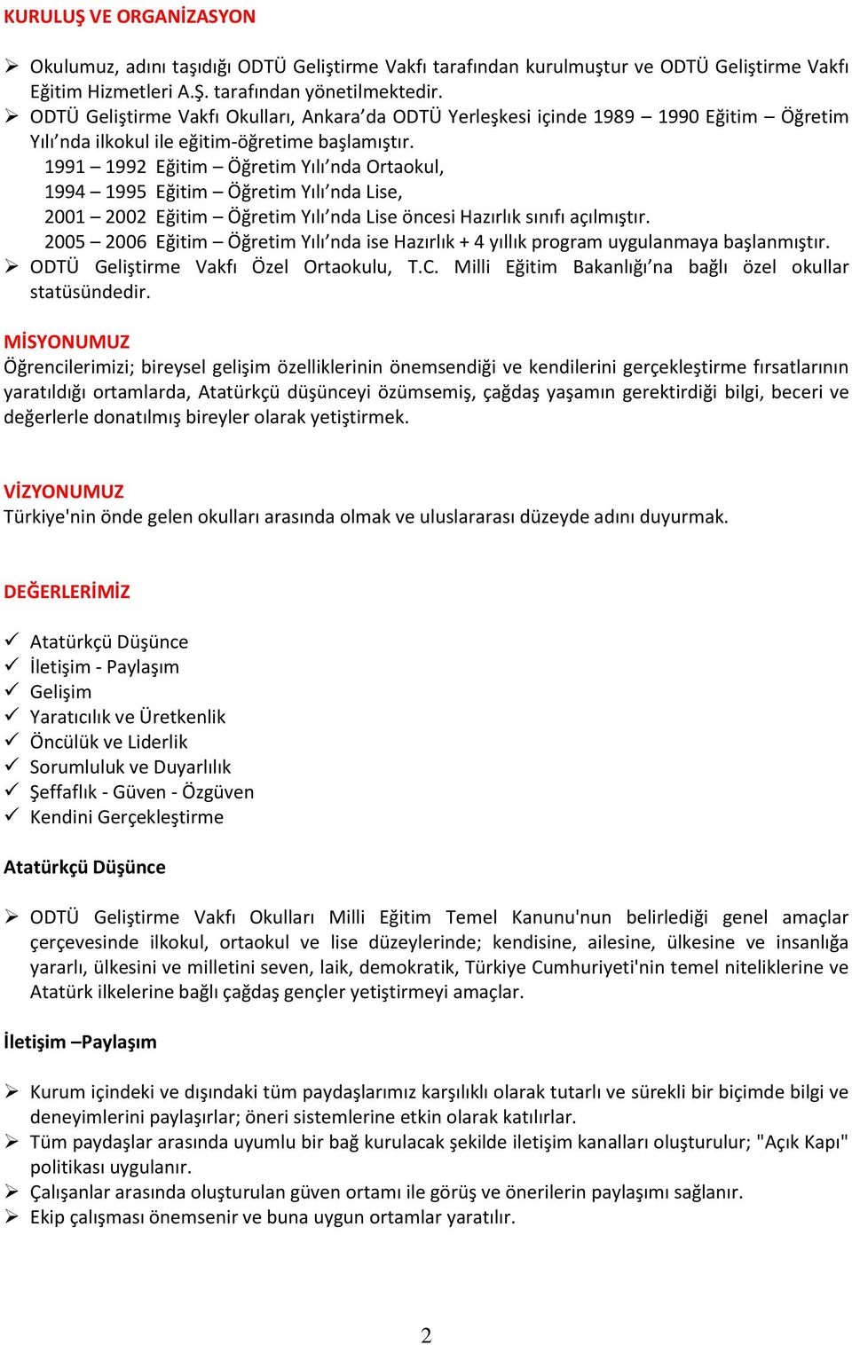 1991 1992 Eğitim Öğretim Yılı nda Ortaokul, 1994 1995 Eğitim Öğretim Yılı nda Lise, 2001 2002 Eğitim Öğretim Yılı nda Lise öncesi Hazırlık sınıfı açılmıştır.