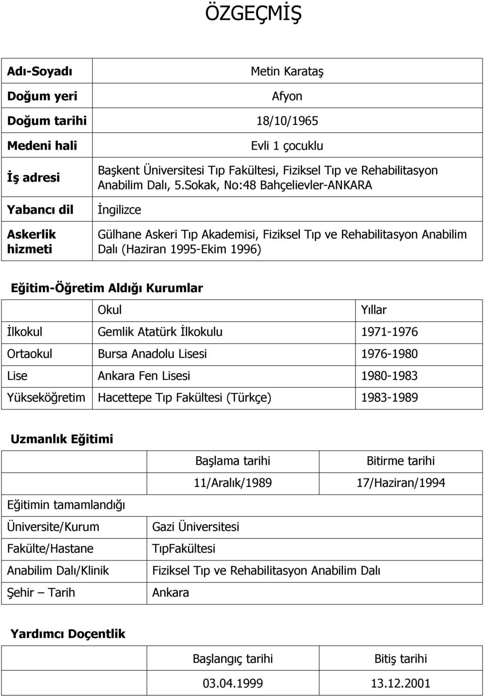 Sokak, No:48 Bahçelievler-ANKARA İngilizce Gülhane Askeri Tıp Akademisi, Fiziksel Tıp ve Rehabilitasyon Anabilim Dalı (Haziran 1995-Ekim 1996) Eğitim-Öğretim Aldığı Kurumlar Okul Yıllar İlkokul