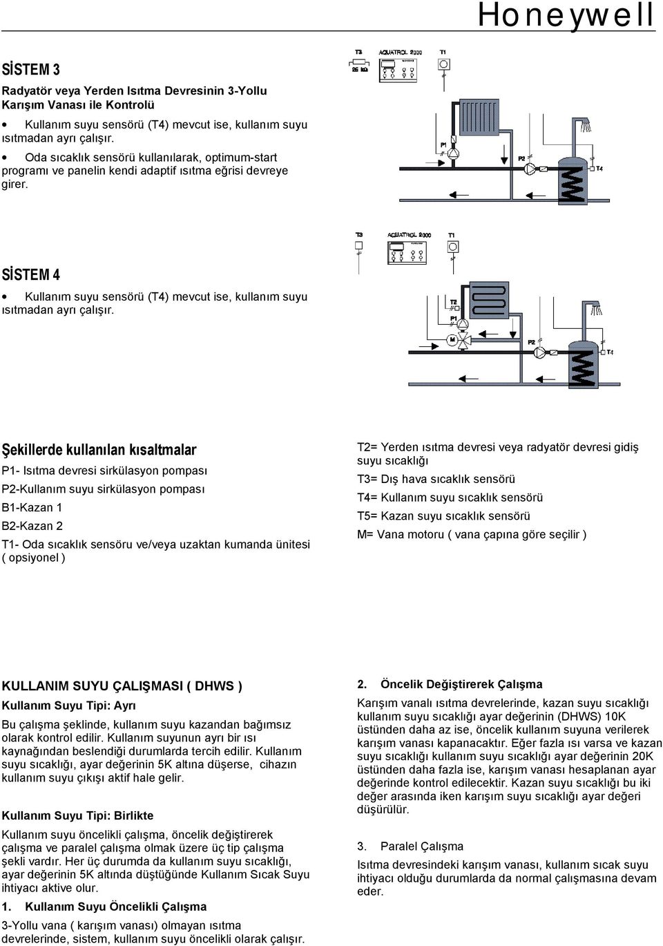 Şekillerde kullanılan kısaltmalar P1- Isıtma devresi sirkülasyon pompası P2-Kullanım suyu sirkülasyon pompası B1-Kazan 1 B2-Kazan 2 T1- Oda sıcaklık sensöru ve/veya uzaktan kumanda ünitesi (