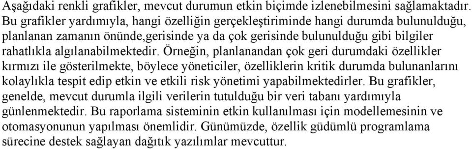 Örneğin, planlanandan çok geri durumdaki özellikler kırmızı ile gösterilmekte, böylece yöneticiler, özelliklerin kritik durumda bulunanlarını kolaylıkla tespit edip etkin ve etkili risk yönetimi