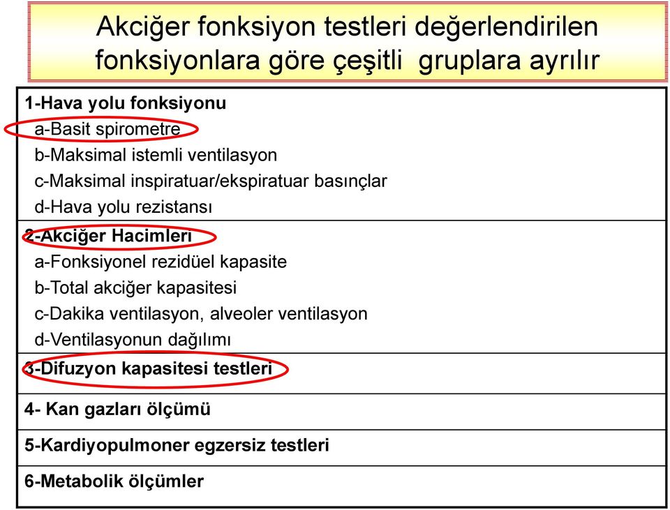 Hacimleri a-fonksiyonel rezidüel kapasite b-total akciğer kapasitesi c-dakika ventilasyon, alveoler ventilasyon