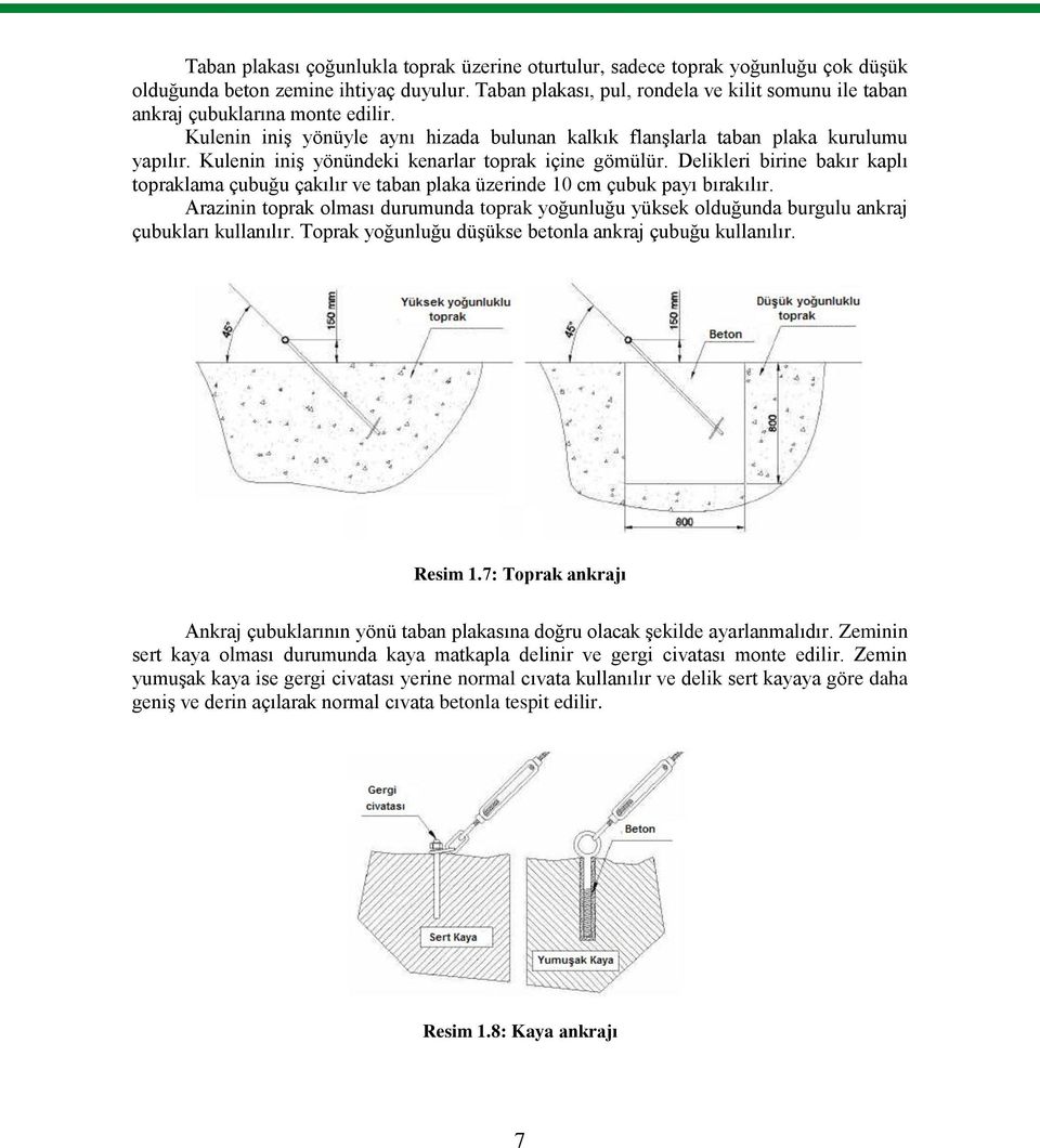 Kulenin iniş yönündeki kenarlar toprak içine gömülür. Delikleri birine bakır kaplı topraklama çubuğu çakılır ve taban plaka üzerinde 10 cm çubuk payı bırakılır.