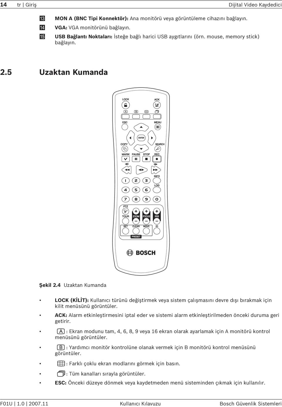 4 Uzaktan Kumanda LOCK (KİLİT): Kullanıcı türünü değiştirmek veya sistem çalışmasını devre dışı bırakmak için kilit menüsünü görüntüler.