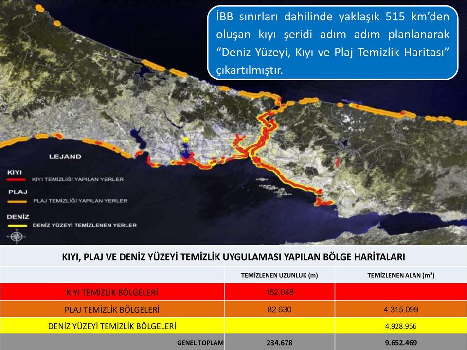 KIYI, PLAJ VE DENİZ YÜZEYİ TEMİZLİK UYGULAMASI YAPILAN BÖLGE HARİTALARI TEMİZLENEN UZUNLUK (m)