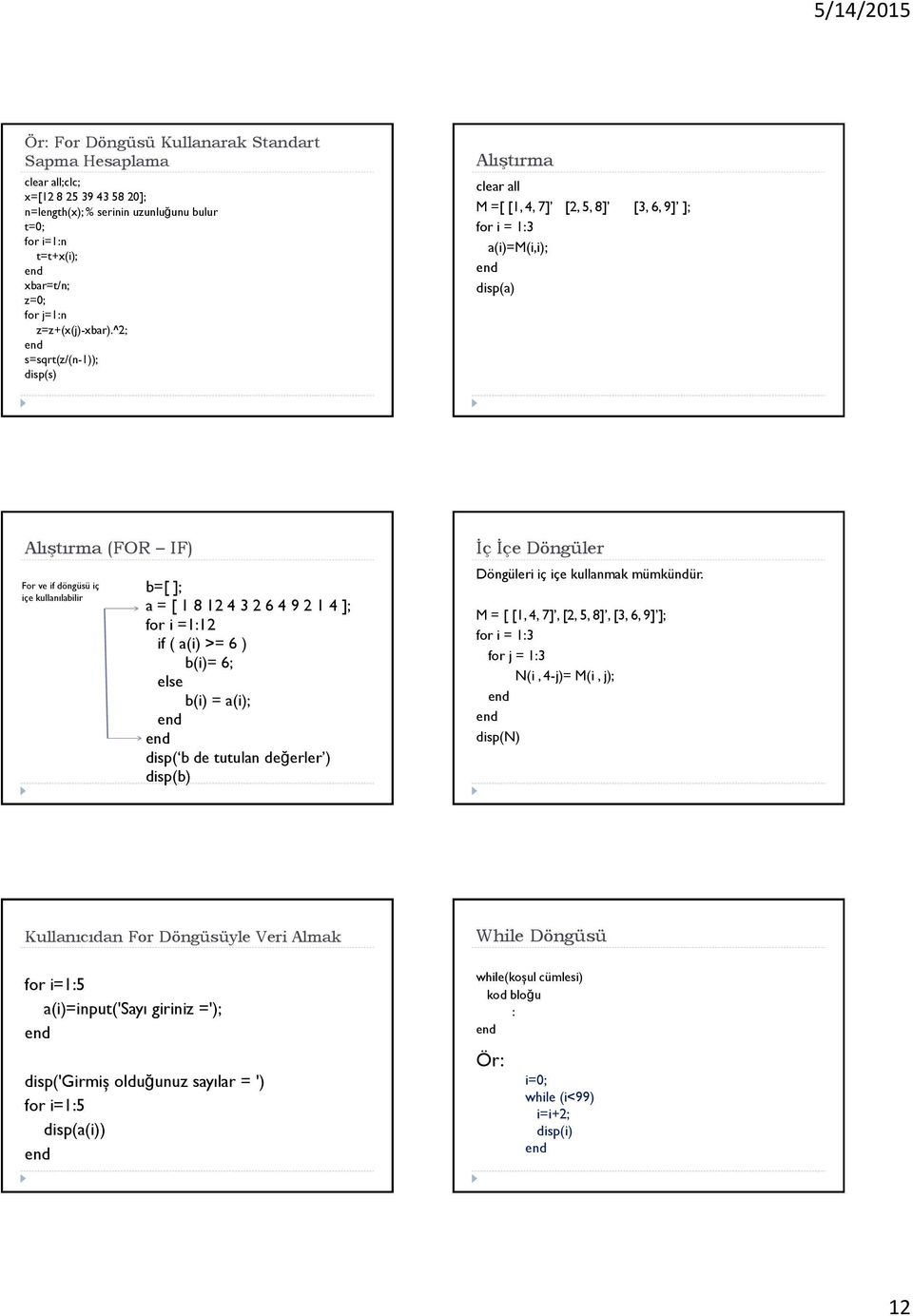 for i =1:12 if ( a(i) >= 6 ) b(i)= 6; else b(i) = a(i); disp( b de tutulan değerler ) disp(b) İç İçe Döngüler Döngüleri iç içe kullanmak mümkündür.