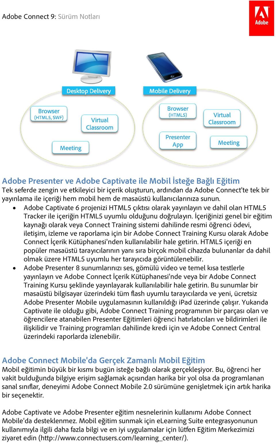 İçeriğinizi genel bir eğitim kaynağı olarak veya Connect Training sistemi dahilinde resmi öğrenci ödevi, iletişim, izleme ve raporlama için bir Adobe Connect Training Kursu olarak Adobe Connect