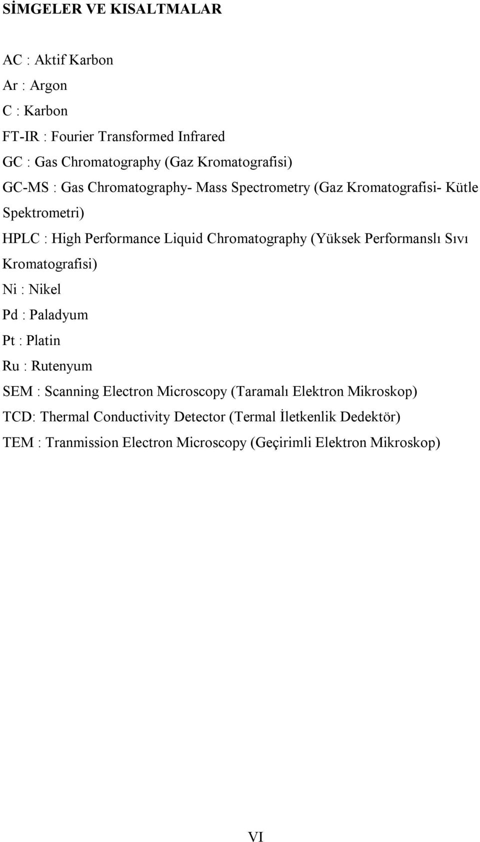 Chromatography (Yüksek Performanslı Sıvı Kromatografisi) Ni : Nikel Pd : Paladyum Pt : Platin Ru : Rutenyum SEM : Scanning Electron Microscopy