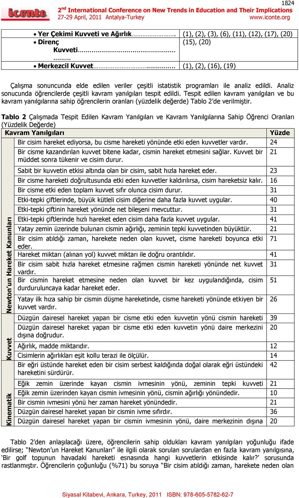 Tespit edilen kavram yanılgıları ve bu kavram yanılgılarına sahip öğrencilerin oranları (yüzdelik değerde) Tablo 2 de verilmiştir.