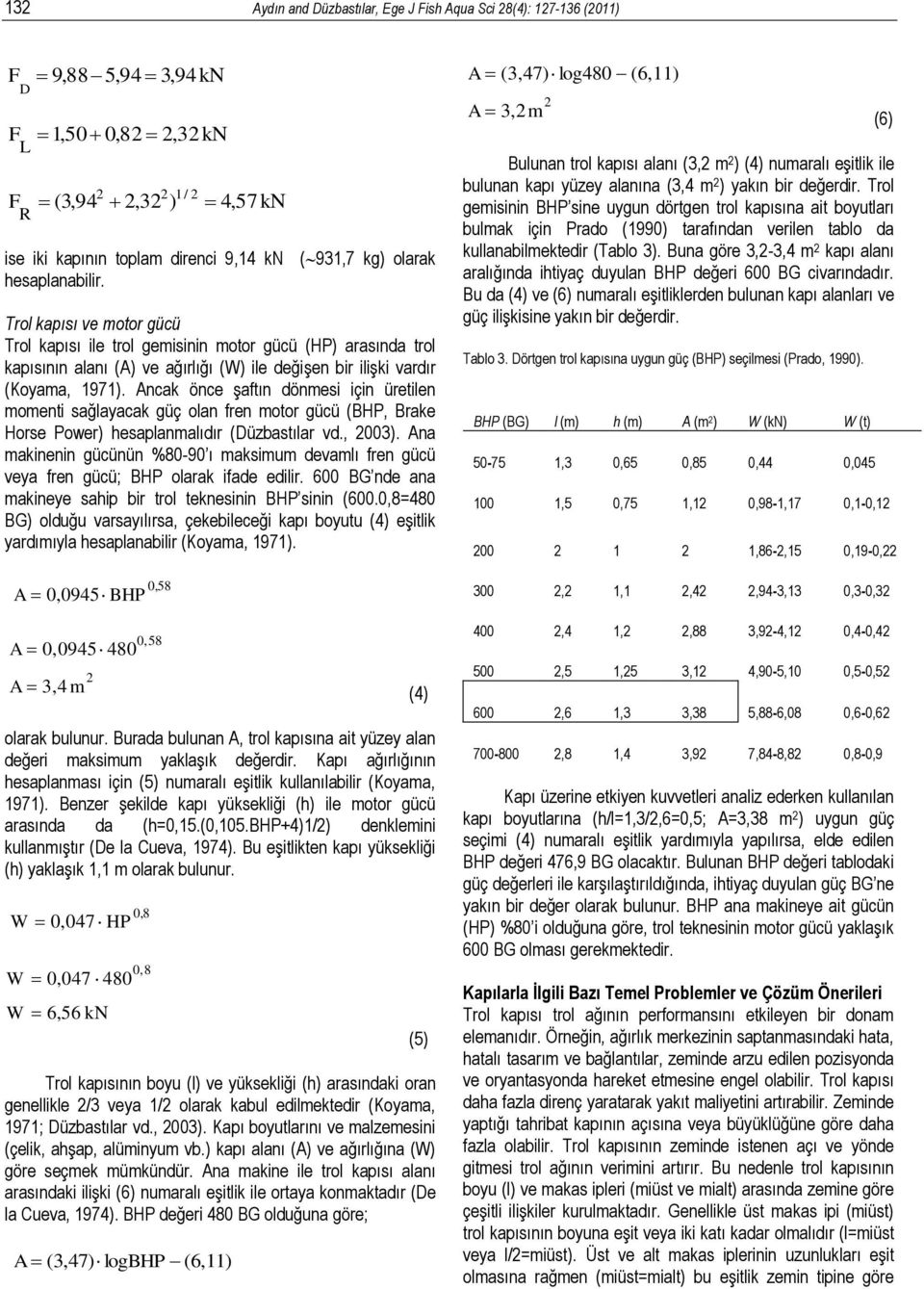 Ancak önce şaftın dönmesi için üretilen momenti sağlayacak güç olan fren motor gücü (BHP, Brake Horse Power) hesaplanmalıdır (Düzbastılar vd., 003).