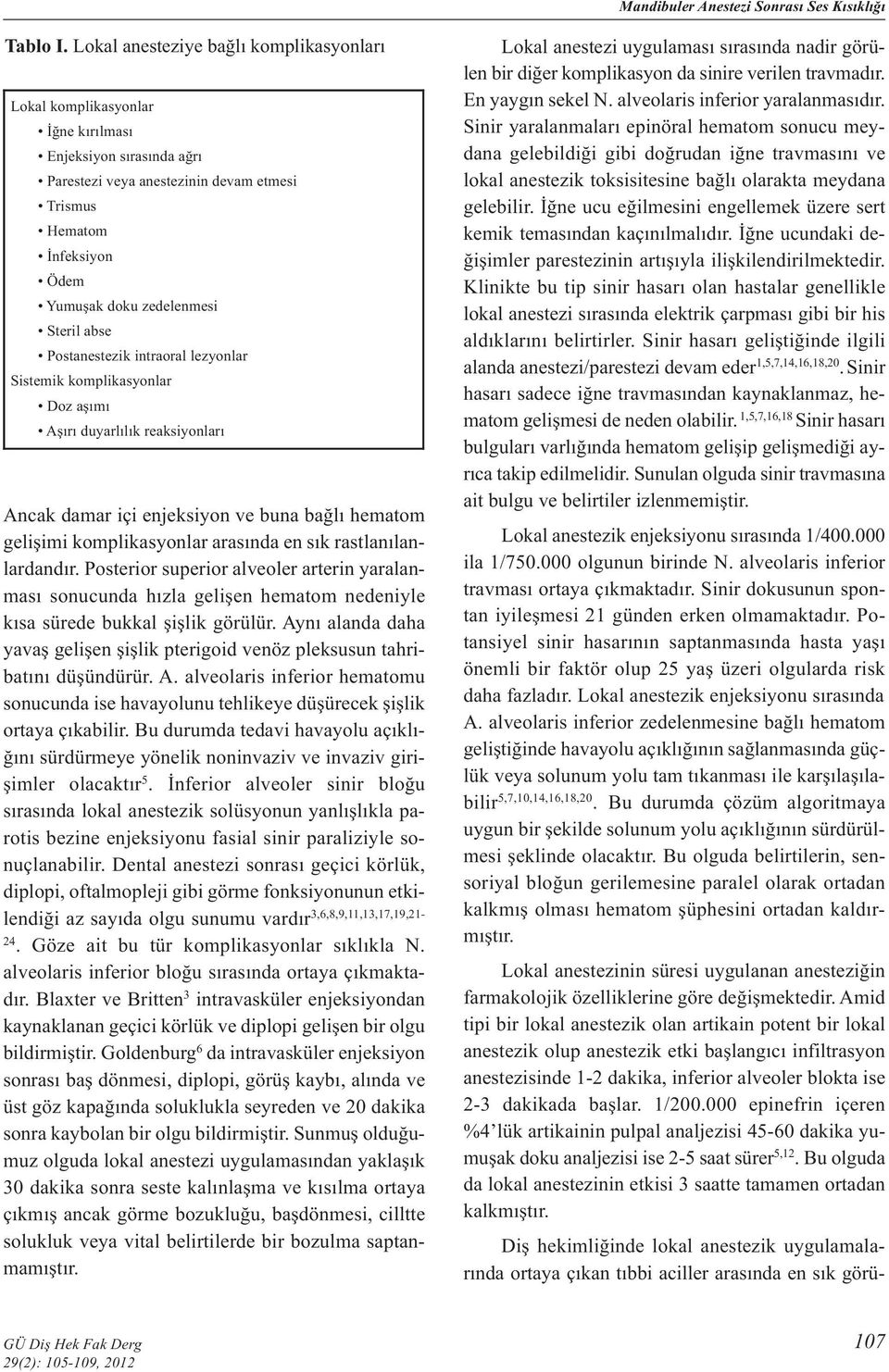 Steril abse Postanestezik intraoral lezyonlar Sistemik komplikasyonlar Doz aşımı Aşırı duyarlılık reaksiyonları Ancak damar içi enjeksiyon ve buna bağlı hematom gelişimi komplikasyonlar arasında en