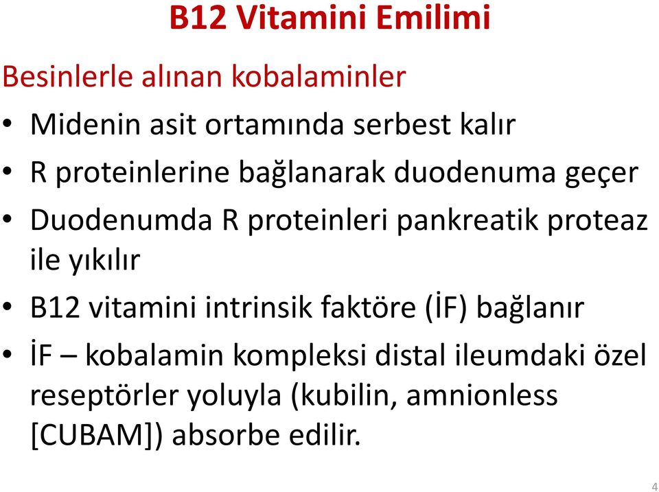 proteaz ile yıkılır B12 vitamini intrinsik faktöre (İF) bağlanır İF kobalamin