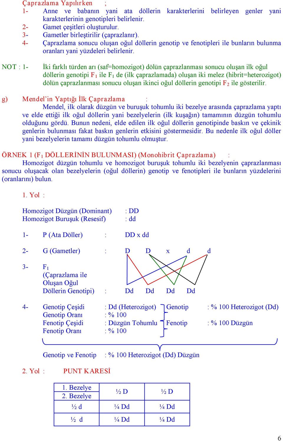 NOT : 1 İki farklı türden arı (saf=homozigot) dölün çaprazlanması sonucu oluşan ilk oğul döllerin genotipi F 1 ile F 1 de (ilk çaprazlamada) oluşan iki melez (hibrit=heterozigot) dölün çaprazlanması