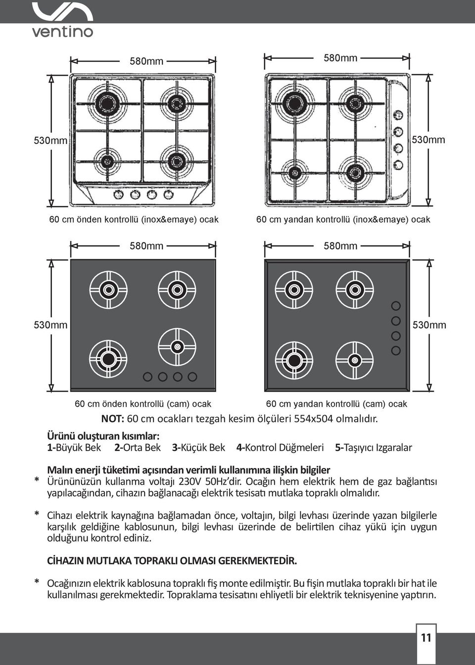 Ürünü oluşturan kısımlar 1-Büyük Bek 2-Orta Bek 3-Küçük Bek 4-Kontrol Düğmeleri 5-Taşıyıcı Izgaralar Malın enerji tüketimi açısından verimli kullanımına ilişkin bilgiler Ürününüzün kullanma voltajı