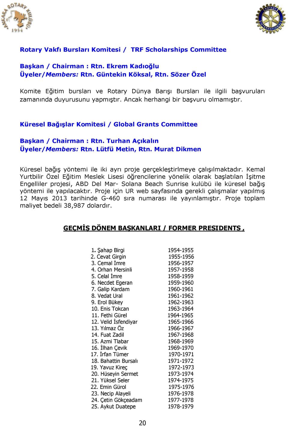 Küresel Bağışlar Komitesi / Global Grants Committee Başkan / Chairman : Rtn. Turhan Açıkalın Üyeler/Members: Rtn. Lütfü Metin, Rtn.
