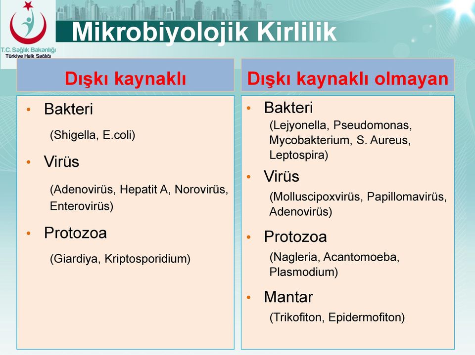 Kriptosporidium) Dışkı kaynaklı olmayan Bakteri (Lejyonella, Pseudomonas, Mycobakterium, S.
