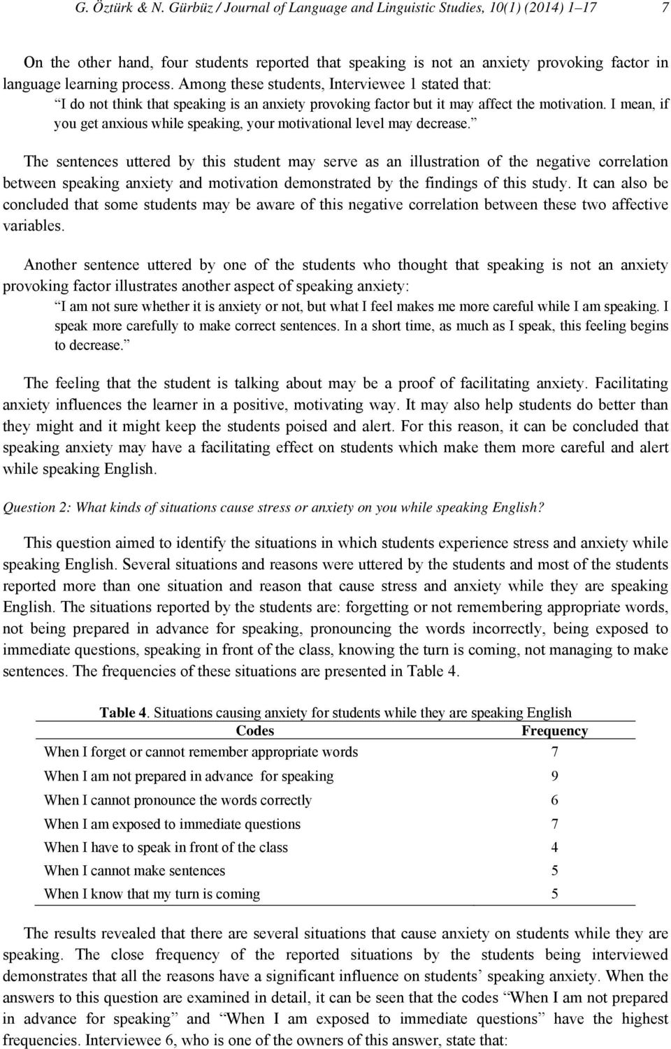 Among these students, Interviewee 1 stated that: I do not think that speaking is an anxiety provoking factor but it may affect the motivation.
