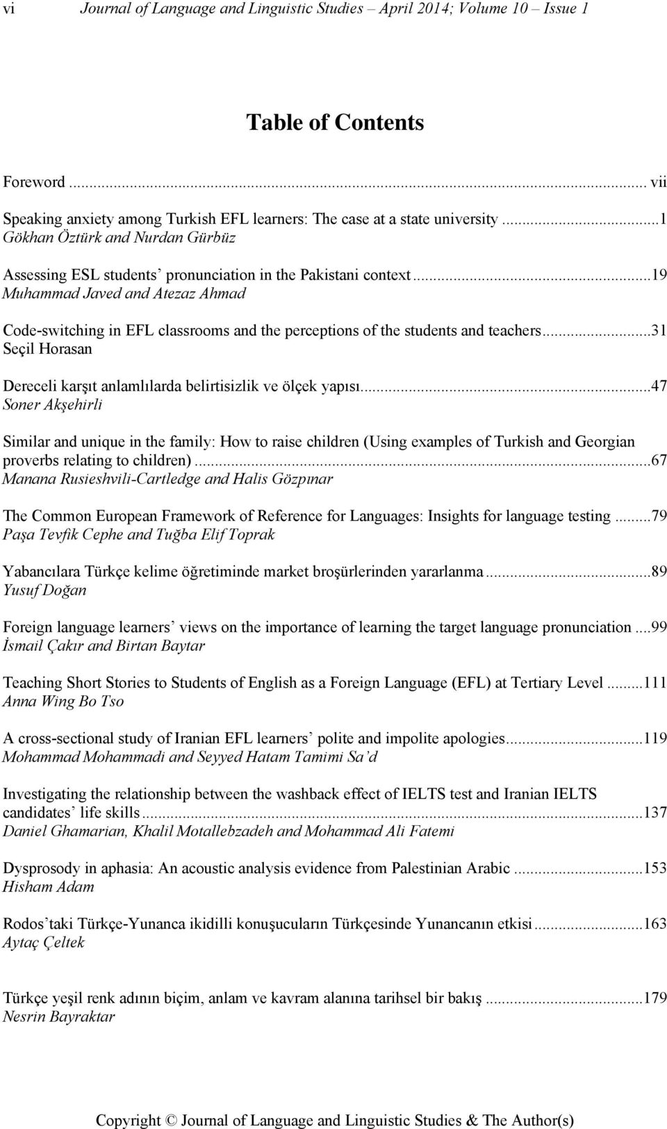 .. 19 Muhammad Javed and Atezaz Ahmad Code-switching in EFL classrooms and the perceptions of the students and teachers... 31 Seçil Horasan Dereceli karşıt anlamlılarda belirtisizlik ve ölçek yapısı.