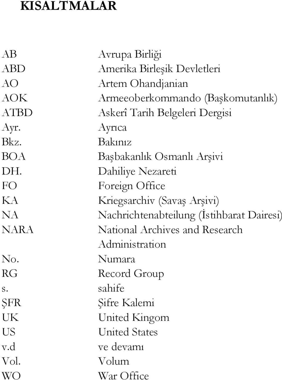 Dahiliye Nezareti FO Foreign Office KA Kriegsarchiv (Savaş Arşivi) NA Nachrichtenabteilung (İstihbarat Dairesi) NARA National