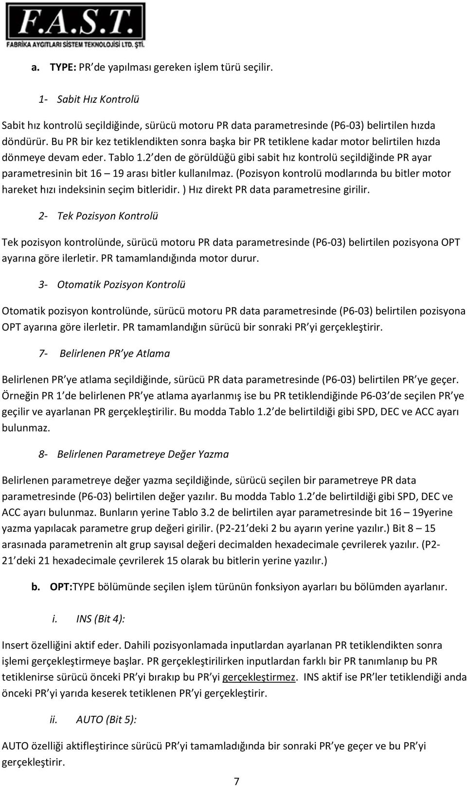 2 den de görüldüğü gibi sabit hız kontrolü seçildiğinde PR ayar parametresinin bit 16 19 arası bitler kullanılmaz.