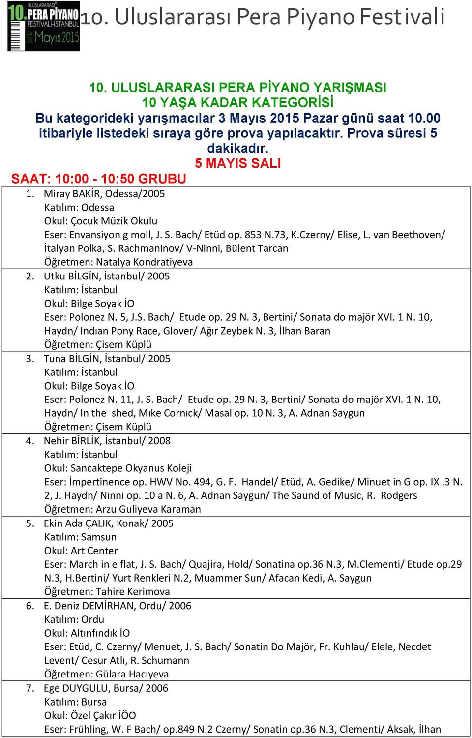 van Beethoven/ İtalyan Polka, S. Rachmaninov/ V-Ninni, Bülent Tarcan Öğretmen: Natalya Kondratiyeva 2. Utku BİLGİN, İstanbul/ 2005 Okul: Bilge Soyak İO Eser: Polonez N. 5, J.S. Bach/ Etude op. 29 N.