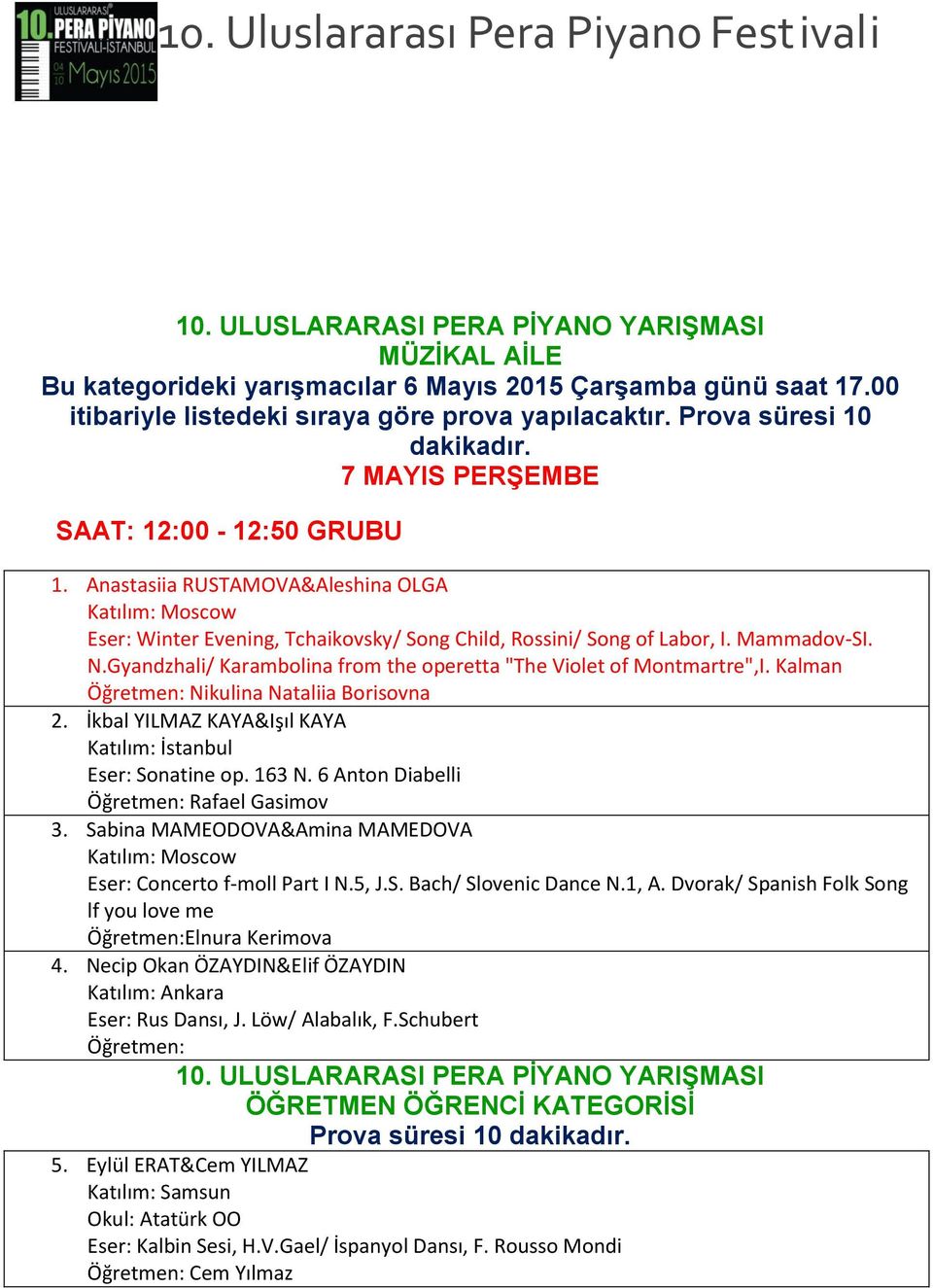 Gyandzhali/ Karambolina from the operetta "The Violet of Montmartre",I. Kalman Öğretmen: Nikulina Nataliia Borisovna 2. İkbal YILMAZ KAYA&Işıl KAYA Eser: Sonatine op. 163 N.