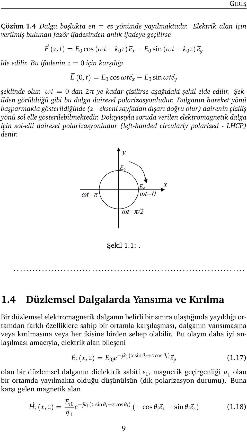 Bu ifadenin z = 0 için karşılığı E (0, t) = E0 cos ωt e x E 0 sin ωt e y şeklinde olur. ωt = 0 dan 2π ye kadar çizilirse aşağıdaki şekil elde edilir.