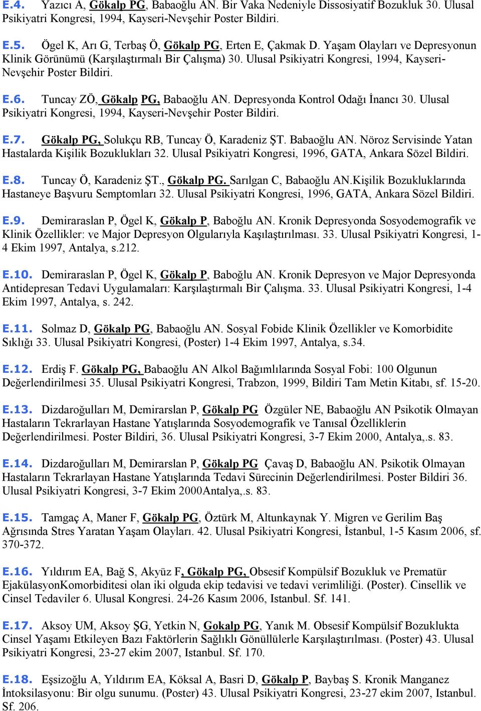 Ulusal Psikiyatri Kongresi, 1994, Kayseri- Nevşehir Poster Bildiri. E.6. Tuncay ZÖ, Gökalp PG, Babaoğlu AN. Depresyonda Kontrol Odağı İnancı 30.