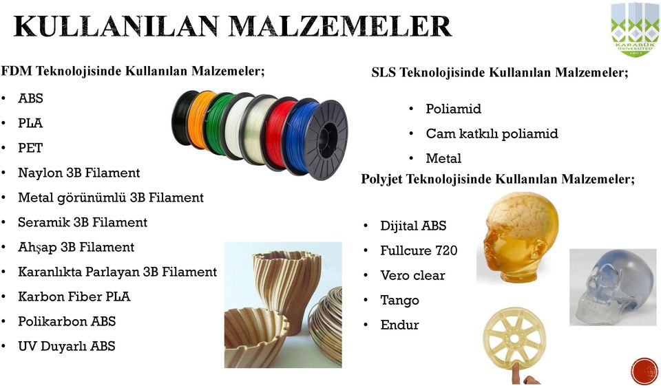 Polikarbon ABS UV Duyarlı ABS SLS Teknolojisinde Kullanılan Malzemeler; Poliamid Cam katkılı