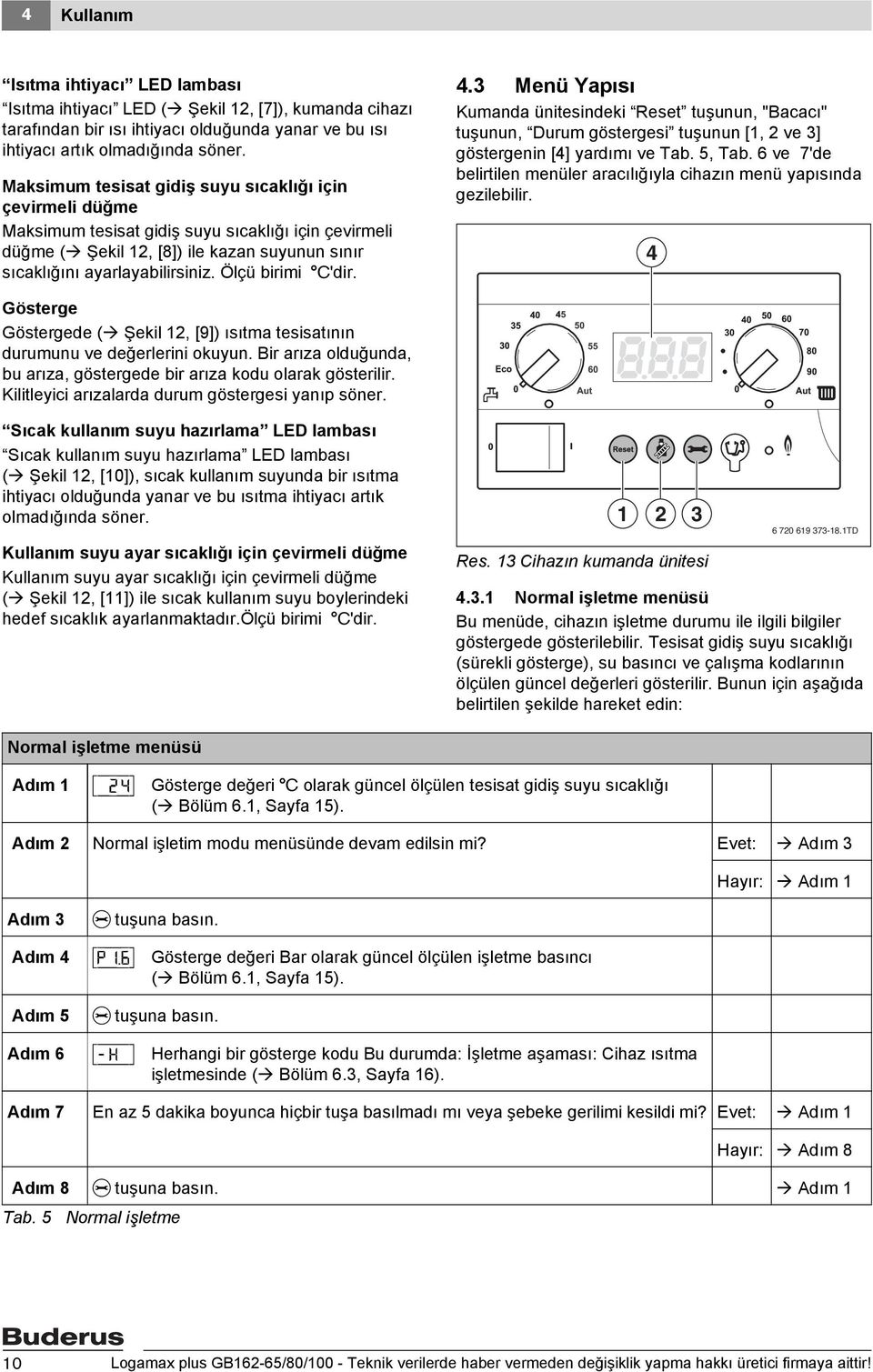 Ölçü birimi C'dir. 4.3 Menü Yapısı Kumanda ünitesindeki Reset tuşunun, "Bacacı" tuşunun, Durum göstergesi tuşunun [1, 2 ve 3] göstergenin [4] yardımı ve Tab. 5, Tab.