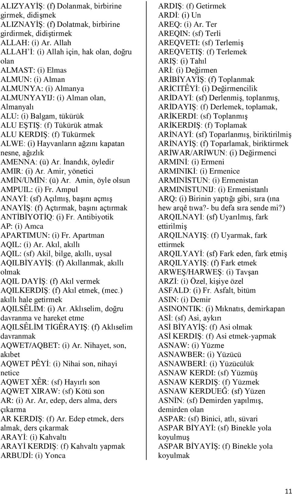 ALU KERDIŞ: (f) Tükürmek ALWE: (i) Hayvanların ağzını kapatan nesne, ağızlık AMENNA: (ü) Ar. İnandık, öyledir AMIR: (i) Ar. Amir, yönetici AMİN/UMİN: (ü) Ar. Amin, öyle olsun AMPUIL: (i) Fr.