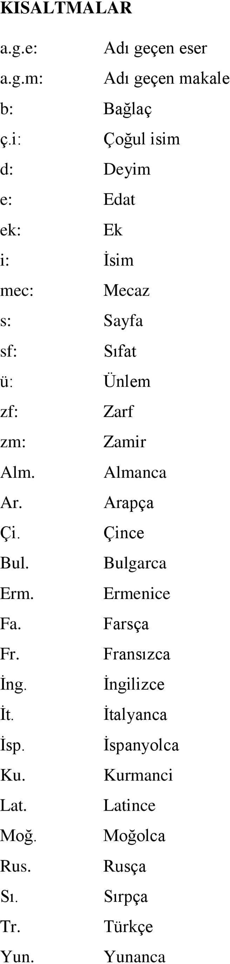 Zamir Alm. Almanca Ar. Arapça Çi. Çince Bul. Bulgarca Erm. Ermenice Fa. Farsça Fr. Fransızca İng.